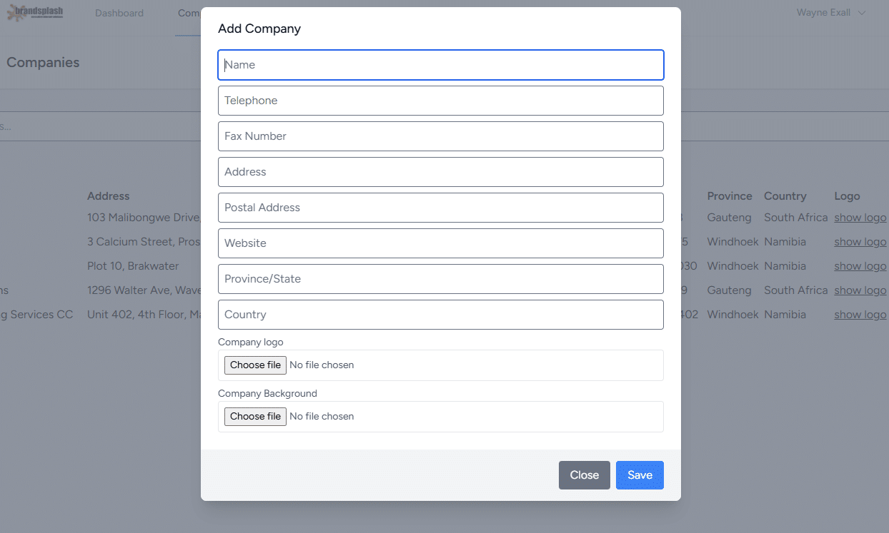 BusinessLink Add Company modal — multi-tenant company management form