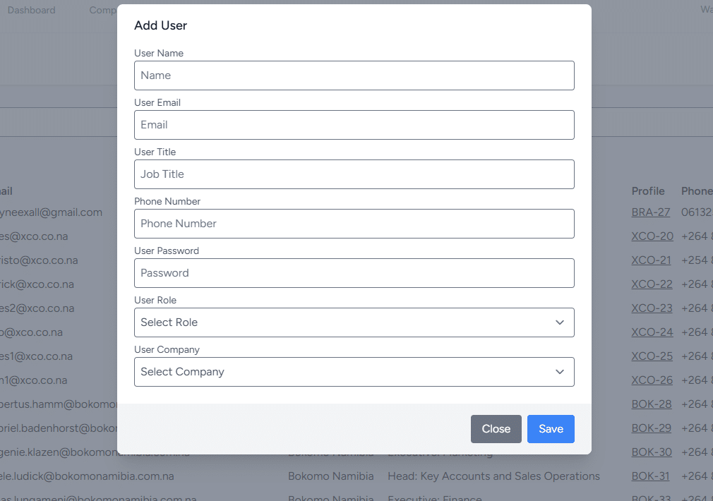 BusinessLink Add User modal — employee onboarding with role + company assignment