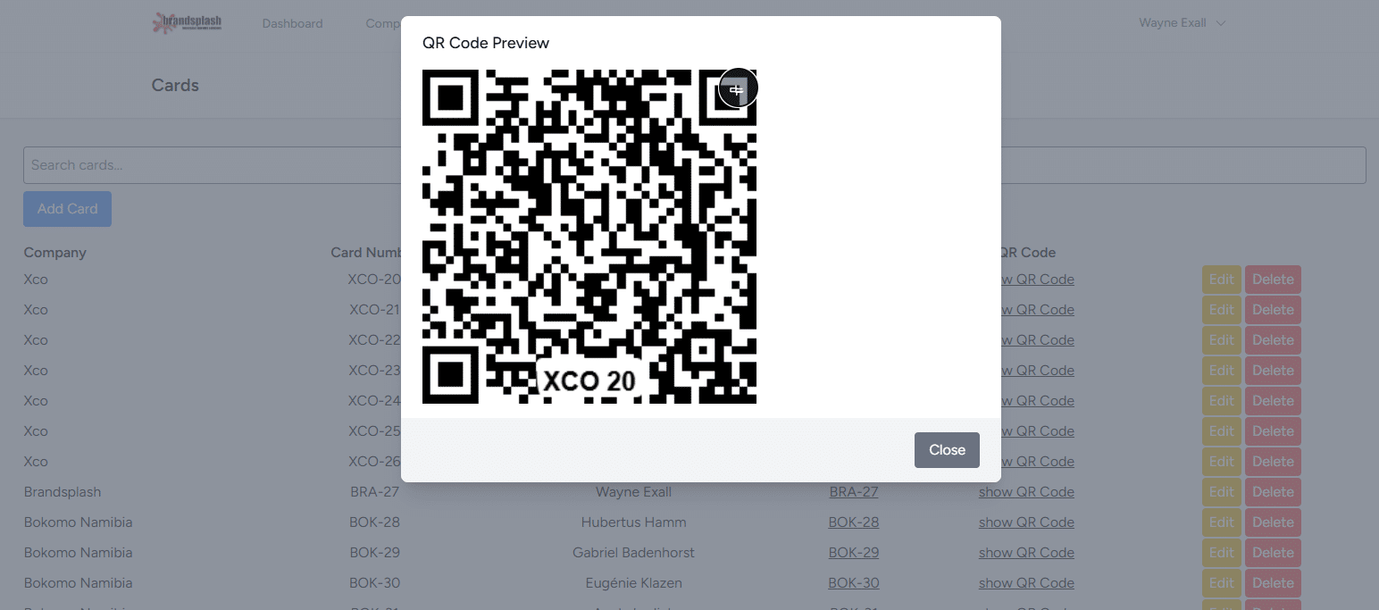 BusinessLink cards list with QR Code preview modal