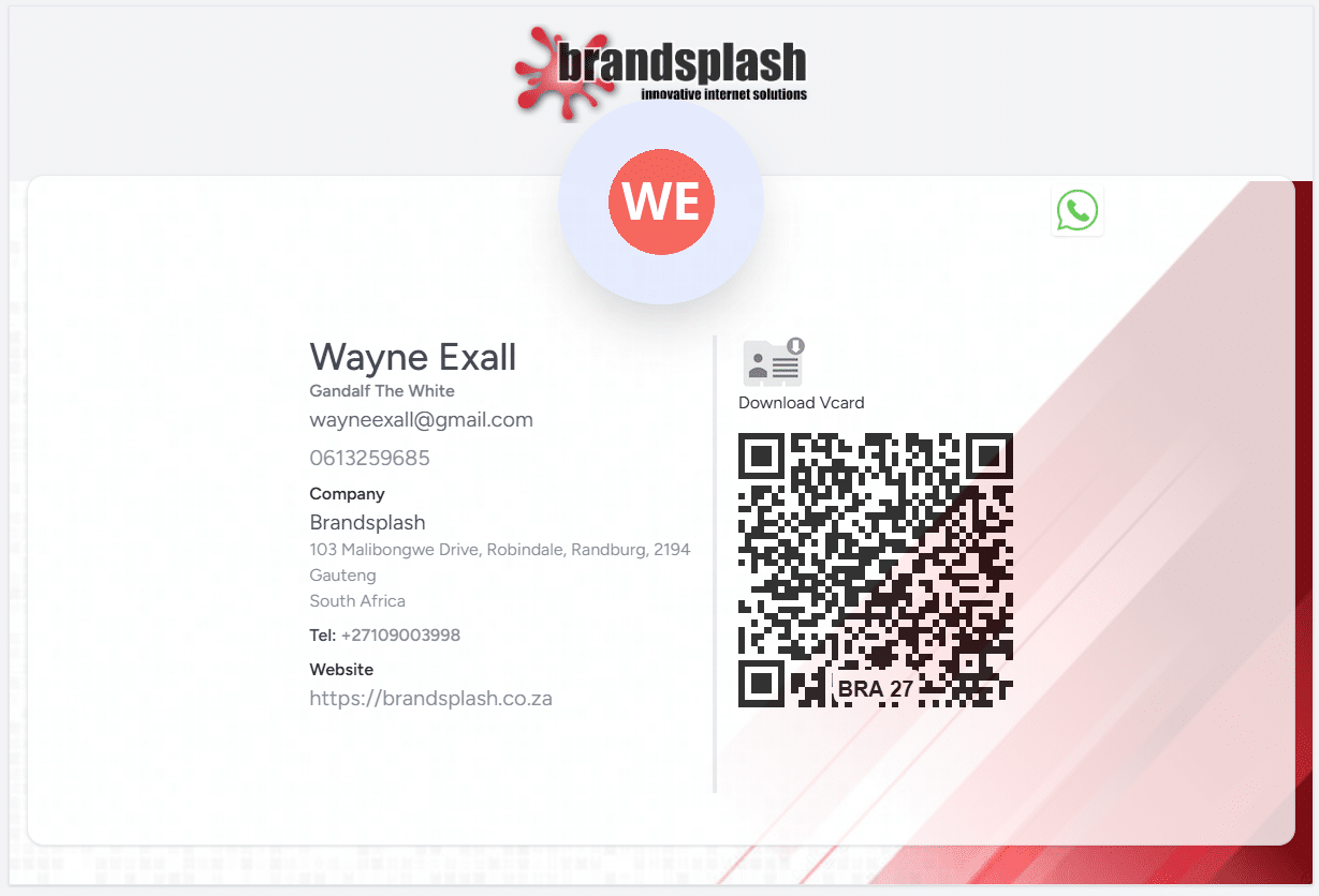 BusinessLink digital business card — rendered profile with vCard download QR code