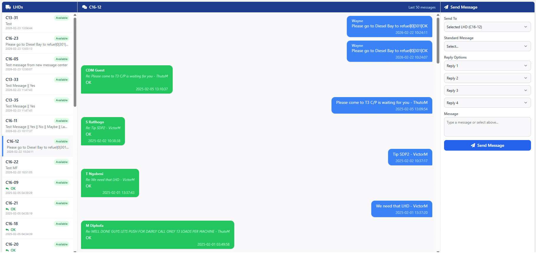 CDM Dispatch two-way operator messaging — dispatcher/operator threads tied to specific LHDs