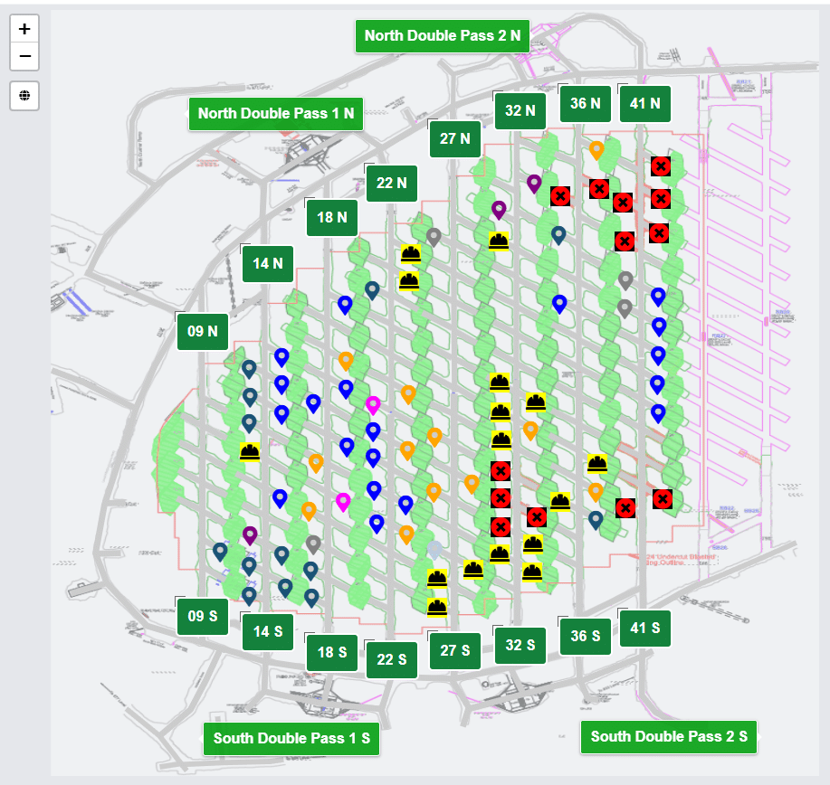 CDM Dispatch mine map detail — draw-point grid with status markers