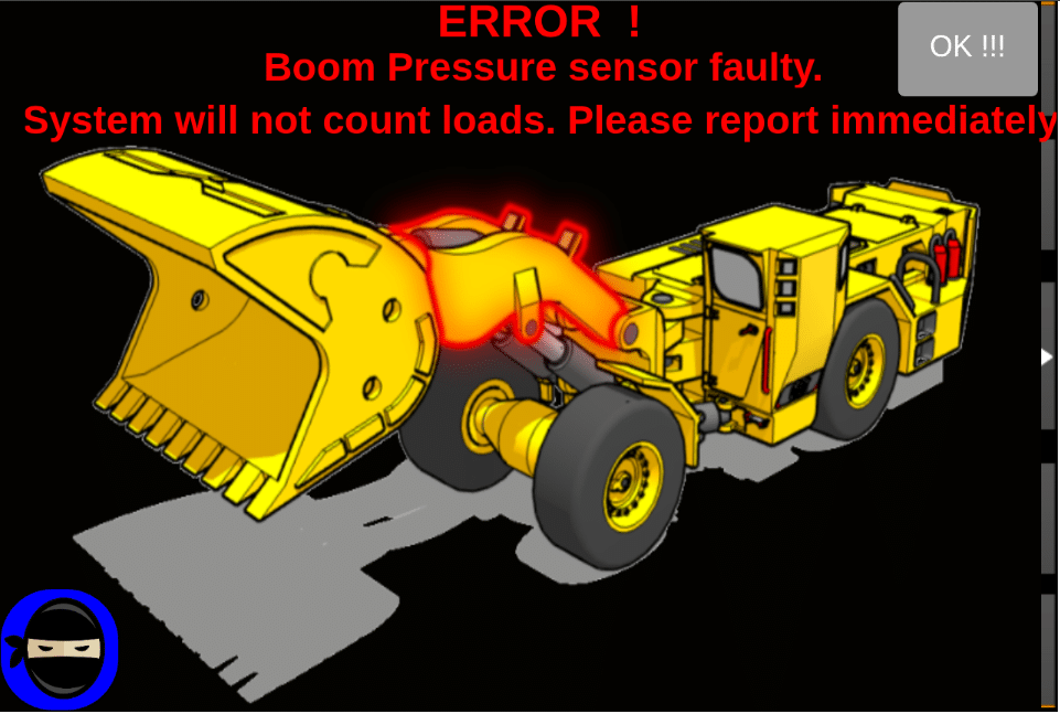 IFM HMI on-machine touchscreen — boom sensor pressure fault state in an LHD cab