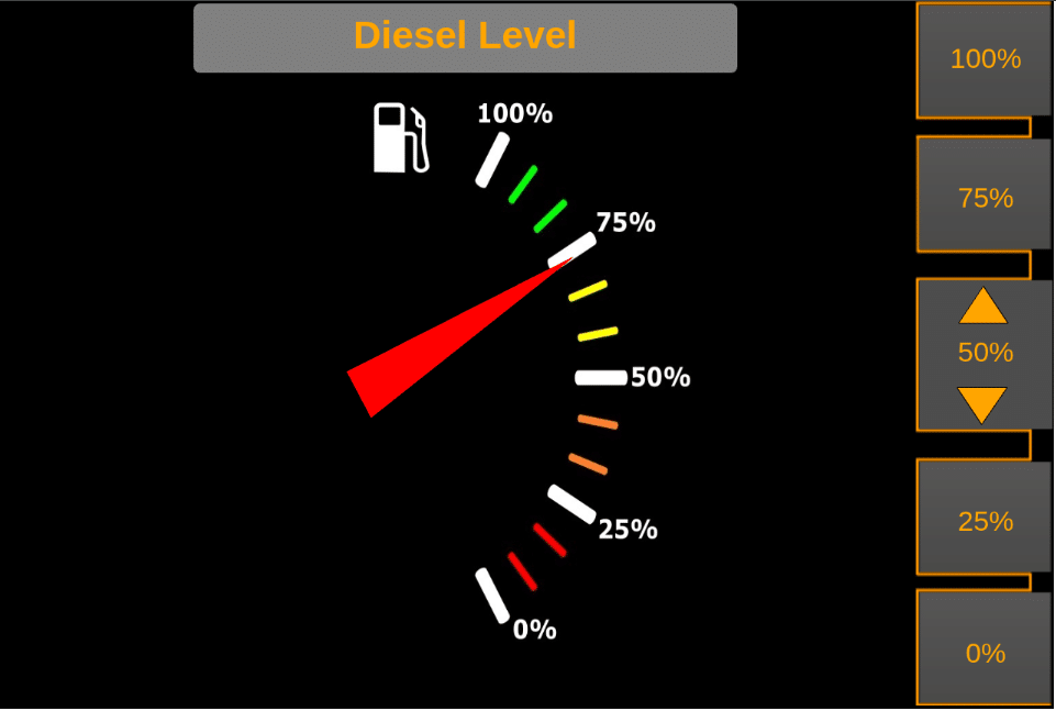 IFM HMI on-machine touchscreen — diesel level reading (75%) in an LHD cab