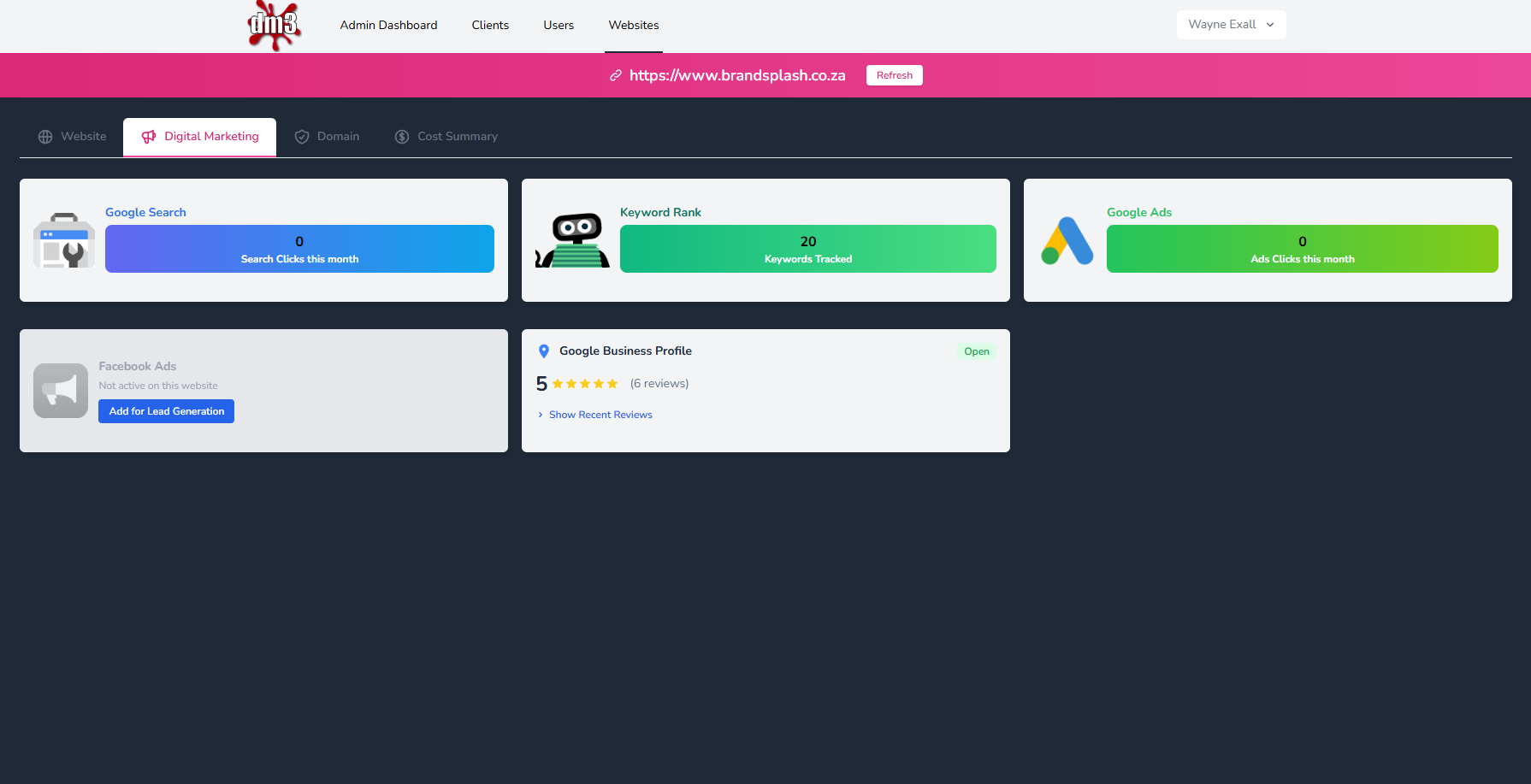DM3 Digital Marketing tab — Google Search, Keyword Rank, Google Ads, Facebook Ads, GBP