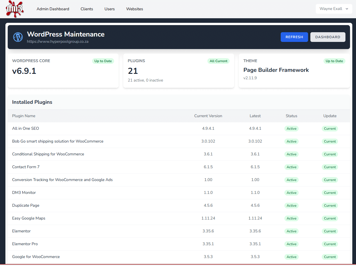 DM3 WordPress maintenance view — core version, plugin list, theme status