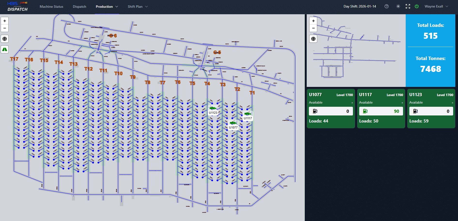 BCD Dispatch asset tracking — mine map with live machine positions across drawpoints