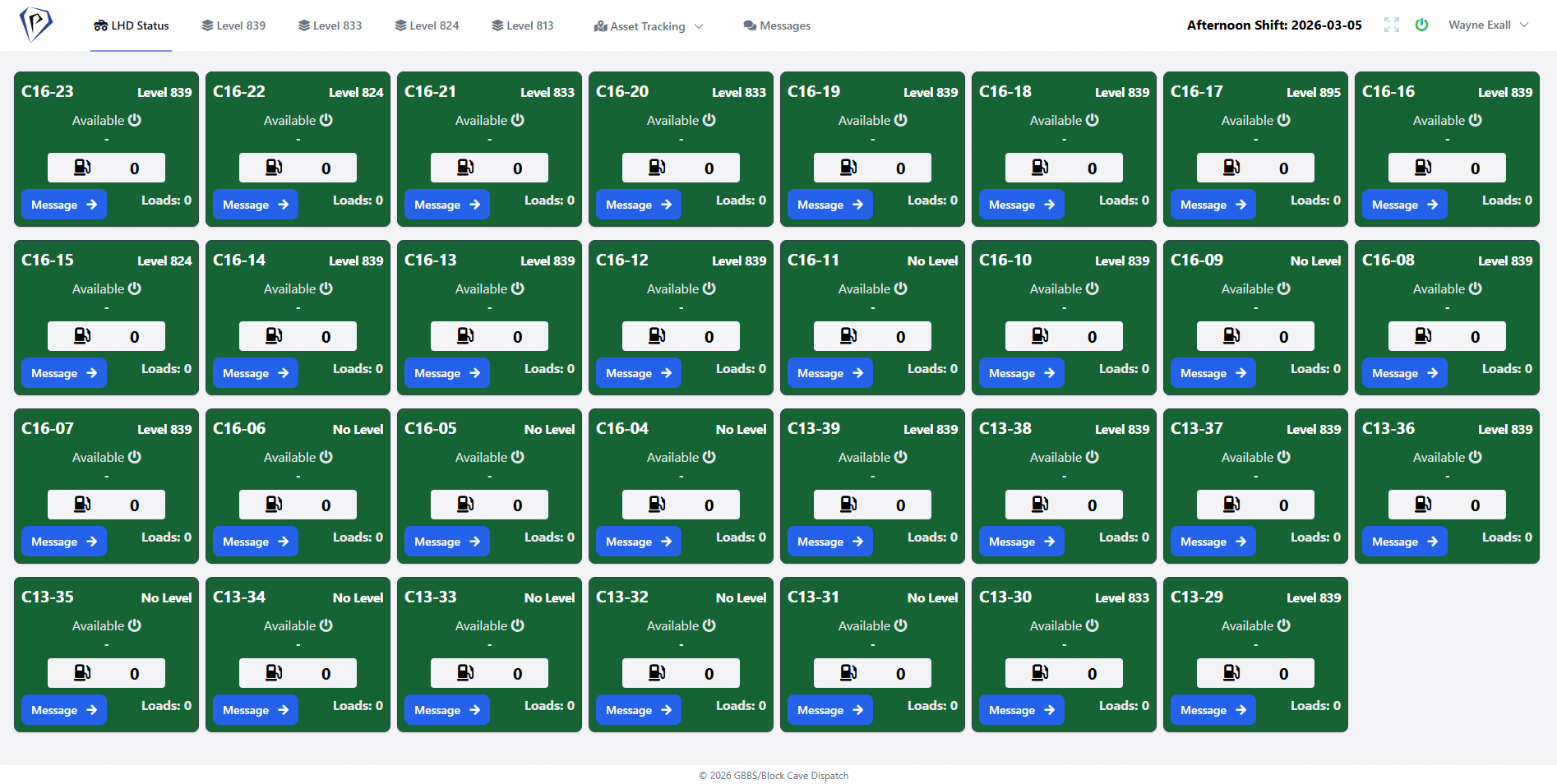BCD Dispatch LHD status grid — every machine across the fleet at a glance