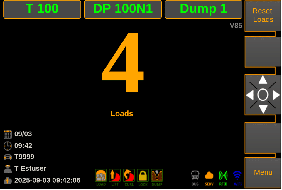 IFM HMI on-machine touchscreen — operator main screen in the LHD cab